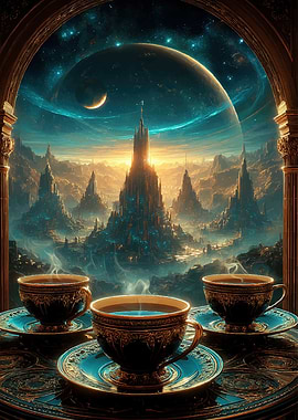 Cosmic Coffee with a Futuristic Cityscape