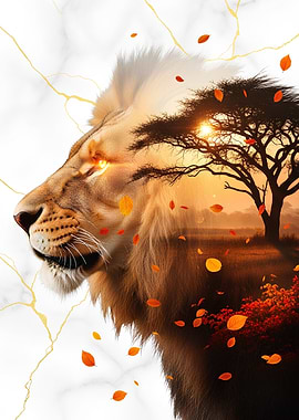 Lion with African Sunset Overlay