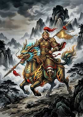 Warrior on Dragon Horse in Mountains