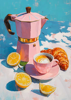 Oil painting of a breakfast with a pink coffee pot and a croissant