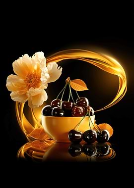 Cherries and Flower with Golden Swirl