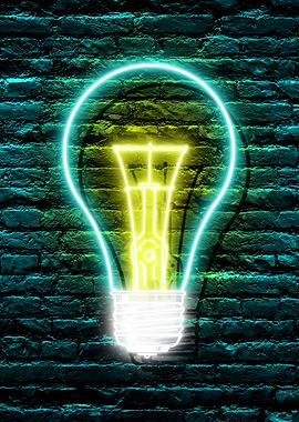 Neon Light Bulb on Brick Wall Background Electricity Energy Power
