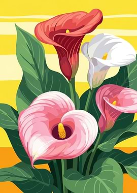 Colorful Calla Lilies with Yellow Background