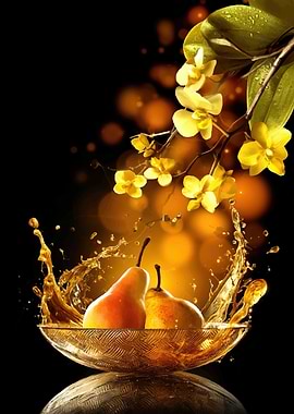 Pears splashing in juice with orchids