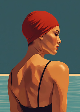 Woman in Red Swim Cap by the Sea