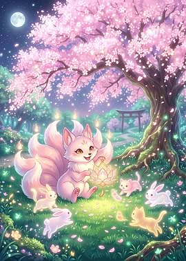 Kitsune with Animal Friends Under Cherry Blossoms