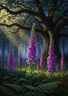 Enchanted Forest with Foxgloves and Bees