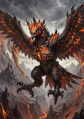 Fiery Phoenix Creature in Volcanic Landscape