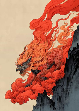 Fiery Dragon Emerging from Smoke