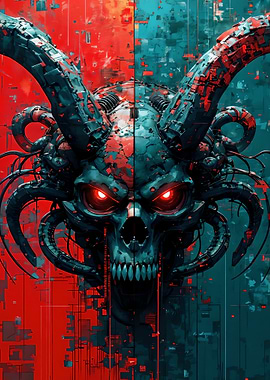 Cybernetic Skull with Glowing Red Eyes