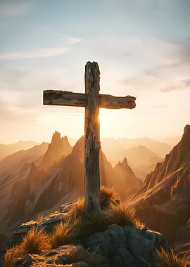 Wooden Cross on Mountain Peak at Sunset