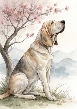 Bloodhound under a Cherry Blossom Tree
