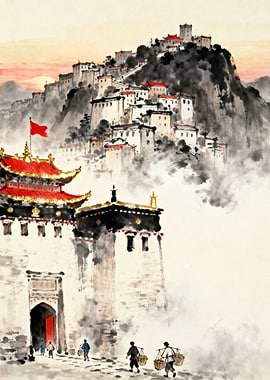 Traditional Asian Mountain Village Painting