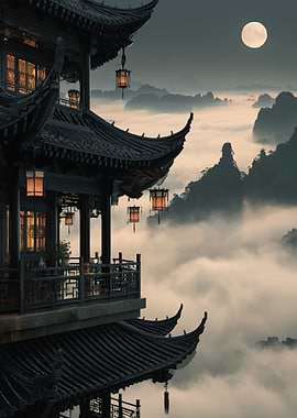 Ancient Pagoda Overlooking Misty Mountains