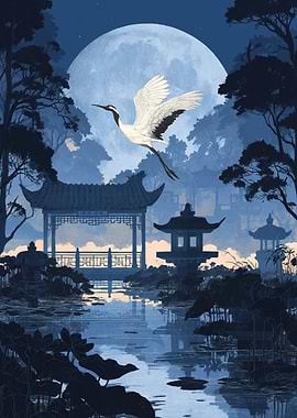 Crane flying over moonlit garden