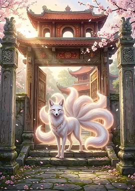 Nine-Tailed Fox in Japanese Garden