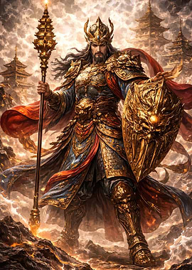 Golden Warrior with Staff and Shield