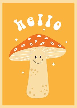 Hello Mushroom Poster, Cute Retro Groovy Wall Art, Whimsical Kawaii Print