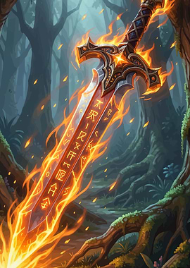 Fiery Enchanted Sword in Forest
