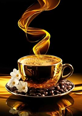 Golden Coffee Cup with Steam and Flowers