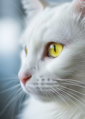 Close-up of a rare white cat's face with yellow eyes