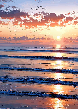 Anime Sunset Over Ocean Waves