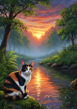 Calico Cat by a River at Sunset