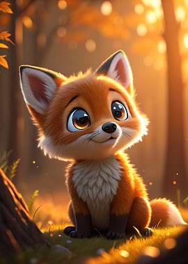 Cute Fox Cub in Autumn Forest