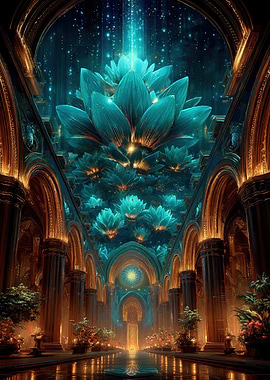 Enchanted Hallway with Luminous Lotus Flowers