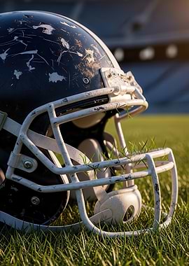Worn Football Helmet on Grassy Field