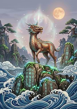 Mythical Dragon-like Creature on Rocky Island