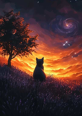 Cat Watching a Cosmic Sunset