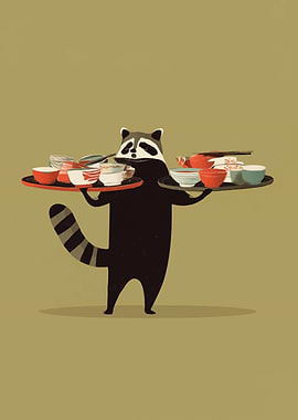 Raccoon Serving Food on Trays