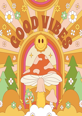 Good Vibes Retro Mushroom Art