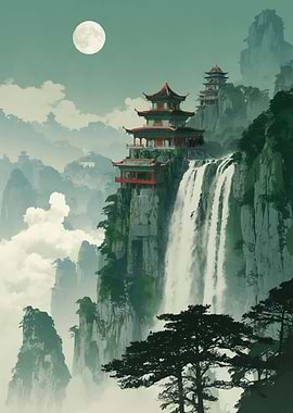 Misty Mountain Pagodas and Waterfall
