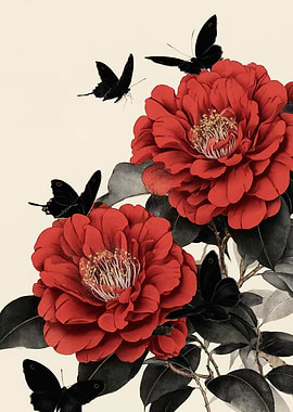 Red Camellias and Black Butterflies