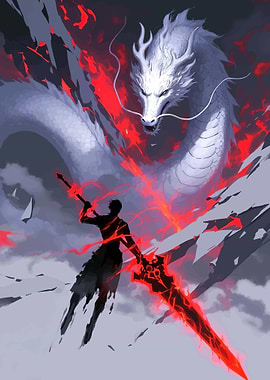 Warrior Battles White Dragon with Fiery Sword