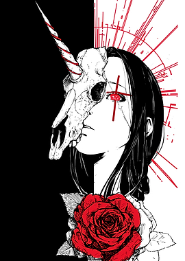 Gothic Unicorn Skull Girl with Rose
