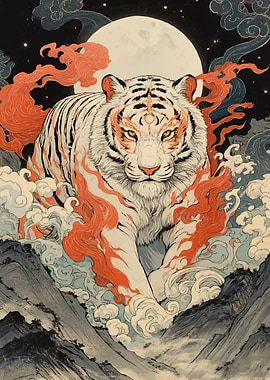 Majestic Tiger Amidst Fiery Clouds