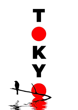 Tokyo text art with bird and sun