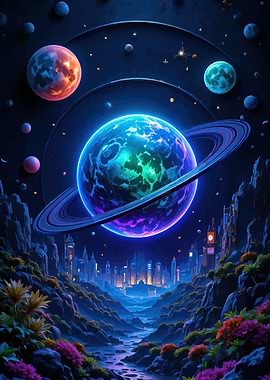 Alien Planet Cityscape with Ringed Planet