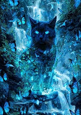Enchanted Black Cat with Blue Butterflies