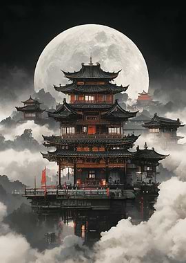 Mystical Asian Pagodas Under a Full Moon