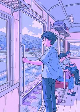 Anime train journey through the countryside