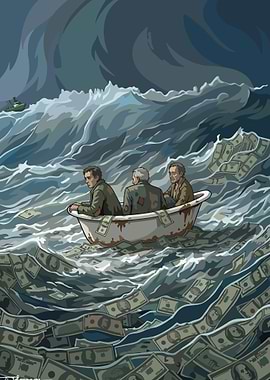 Surealism Men adrift in a bathtub full of money