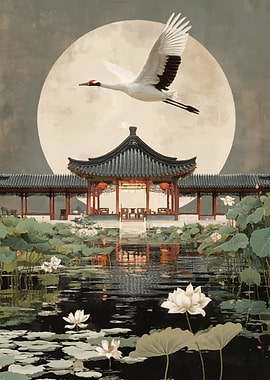 Crane flying over lotus pond and pavilion