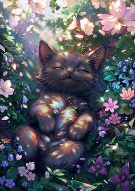 Cute Cat Sleeping in Flowers