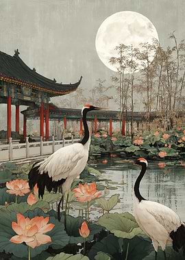 Cranes and Lotuses Under the Moon