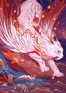 Mythical White Tiger with Lanterns and Fireworks