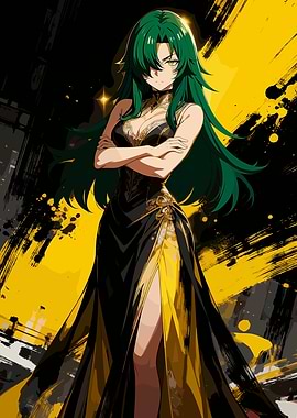Anime Woman in Black and Gold Dress